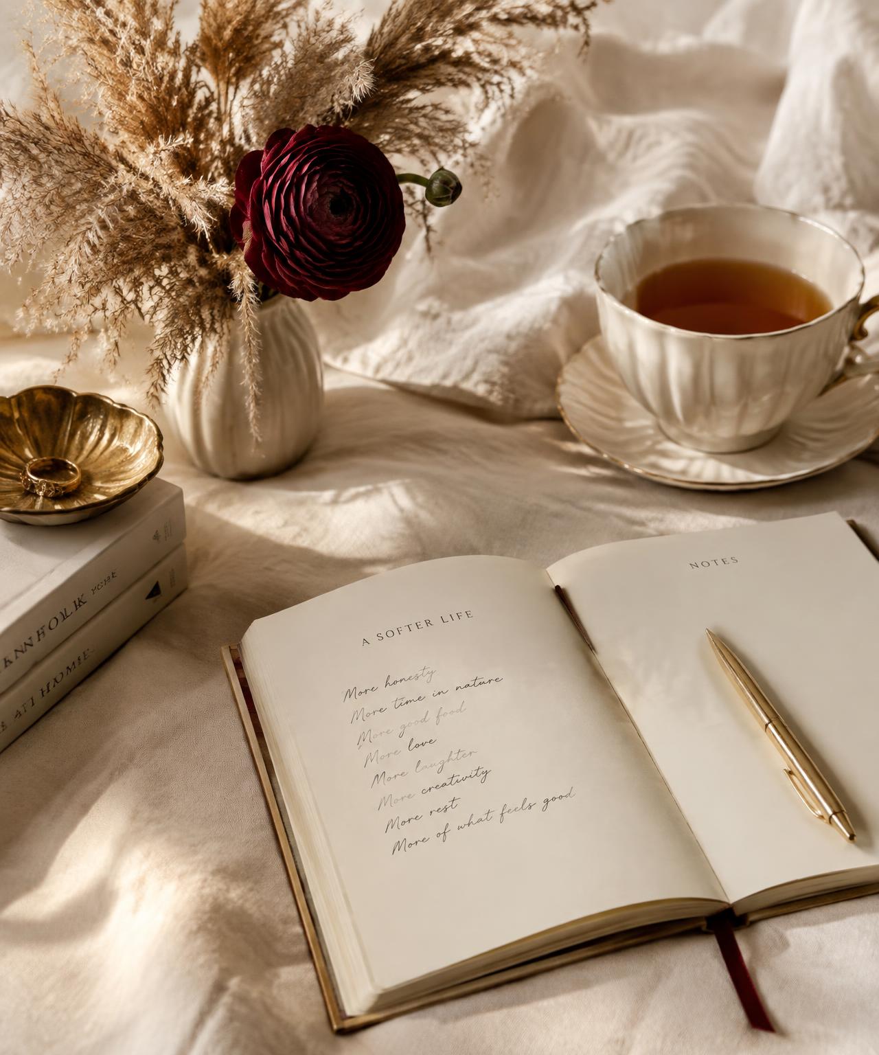 A journal, gold pen, tea and a burgundy flower in soft morning light